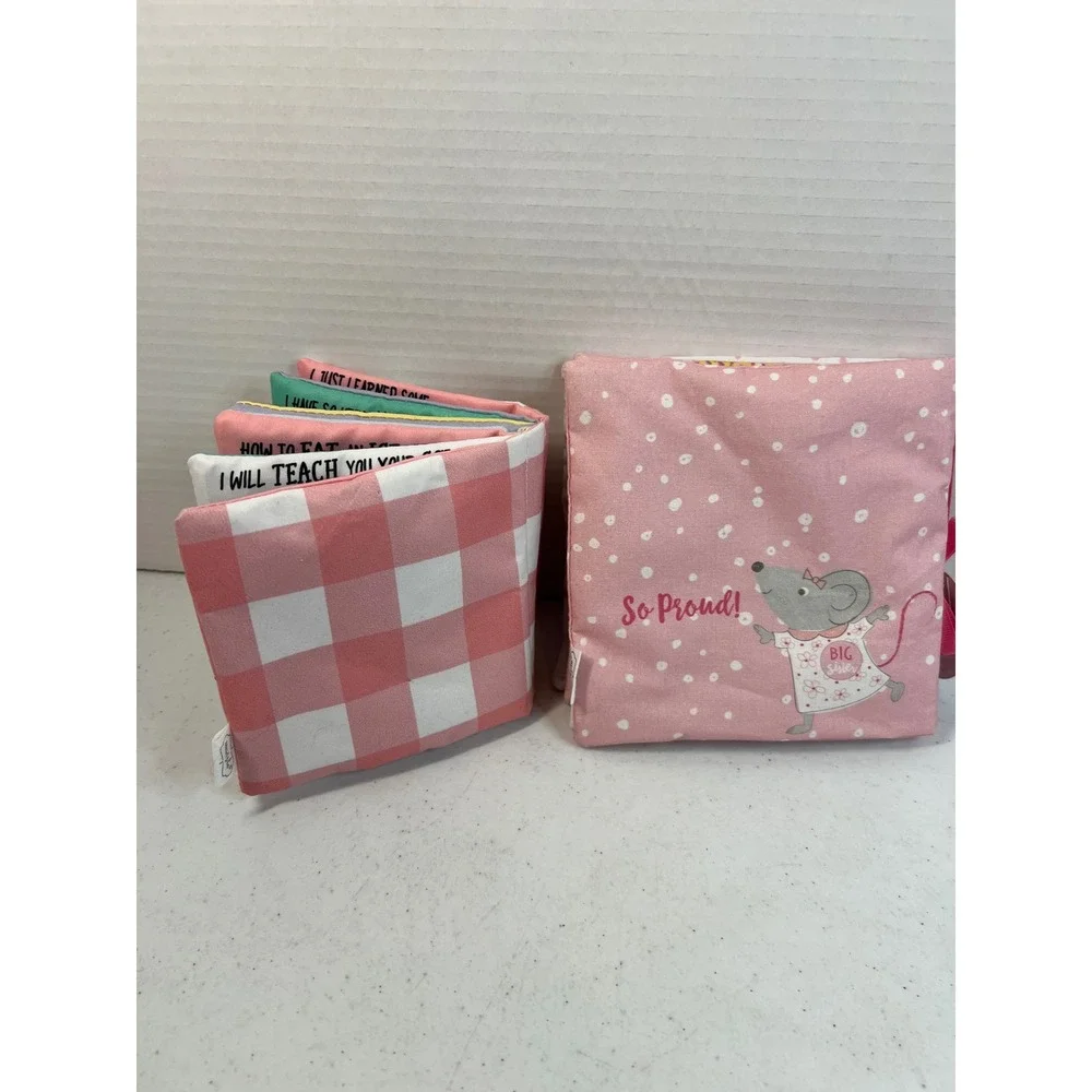 Mud Pie Big Sister Soft Fabric Baby Book Set Pink Gingham Mouse Photo Sleeve